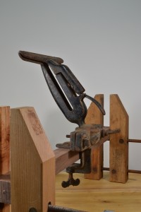 Disston No. 1 adjustable saw vise, side view. Vise is tilted as it would be for filing sloped gullets.