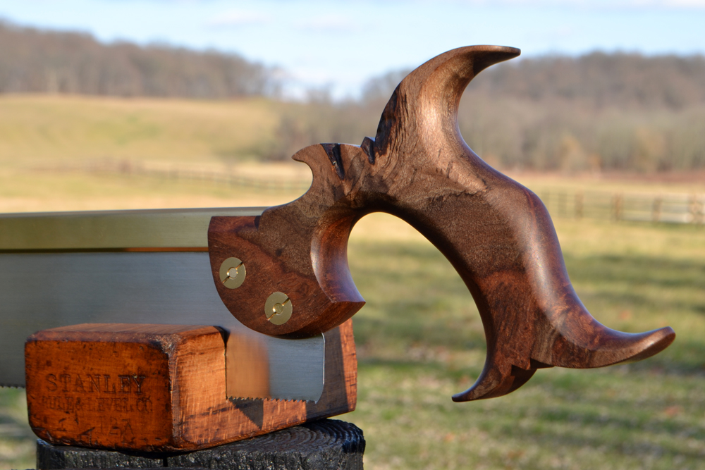 Closeup of 10 inch dovetail saw handle in desert ironwood