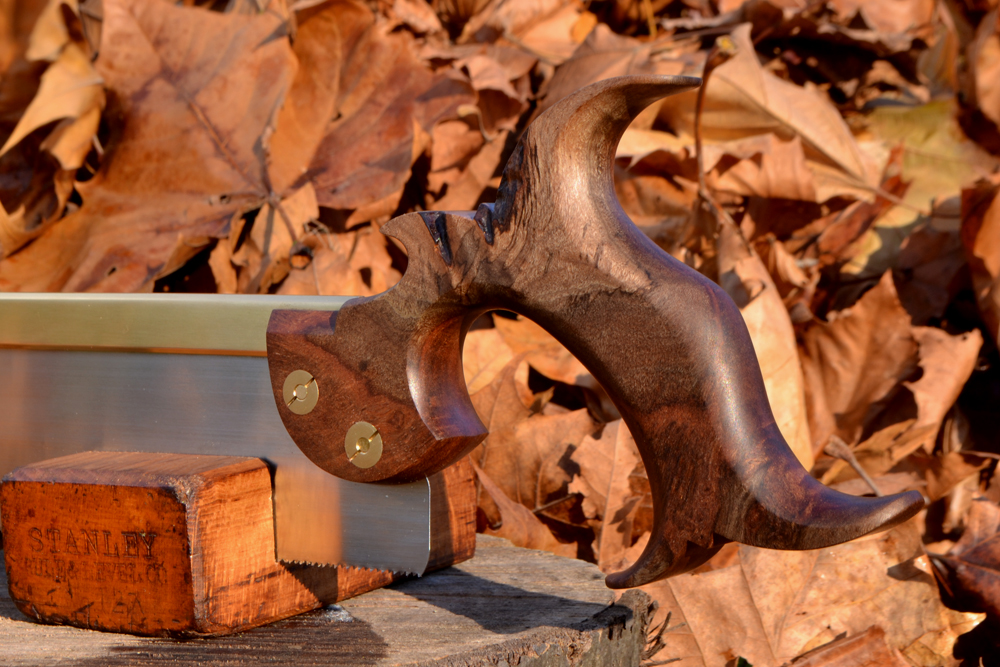 Closeup of 10 inch dovetail saw handle in desert ironwood