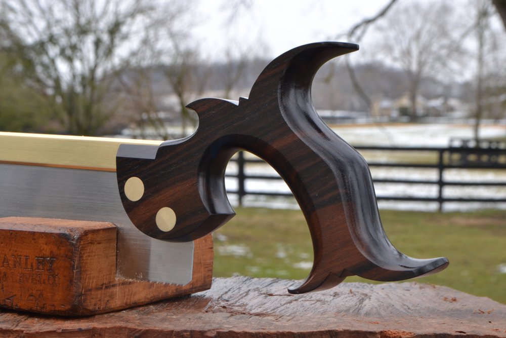 Close-up of handle on 10 inch dovetail saw in Macassar ebony
