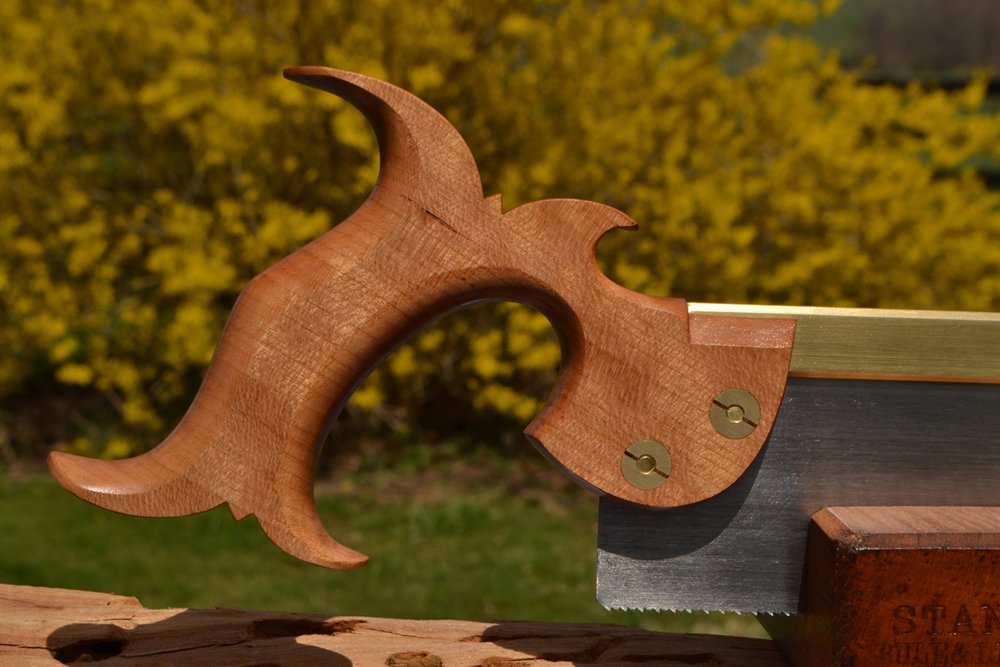 Close-up of 10 inch dovetail saw handle in quartersawn cherry