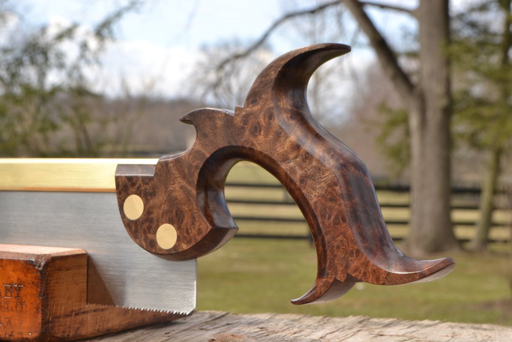Close-up of handle on 10 inch dovetail saw in walnut burl