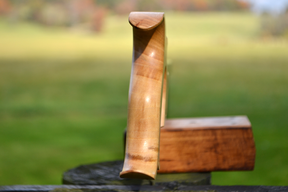 Closeup view of the handle on 12 inch Smith's Key carcase saw in quartersawn elm