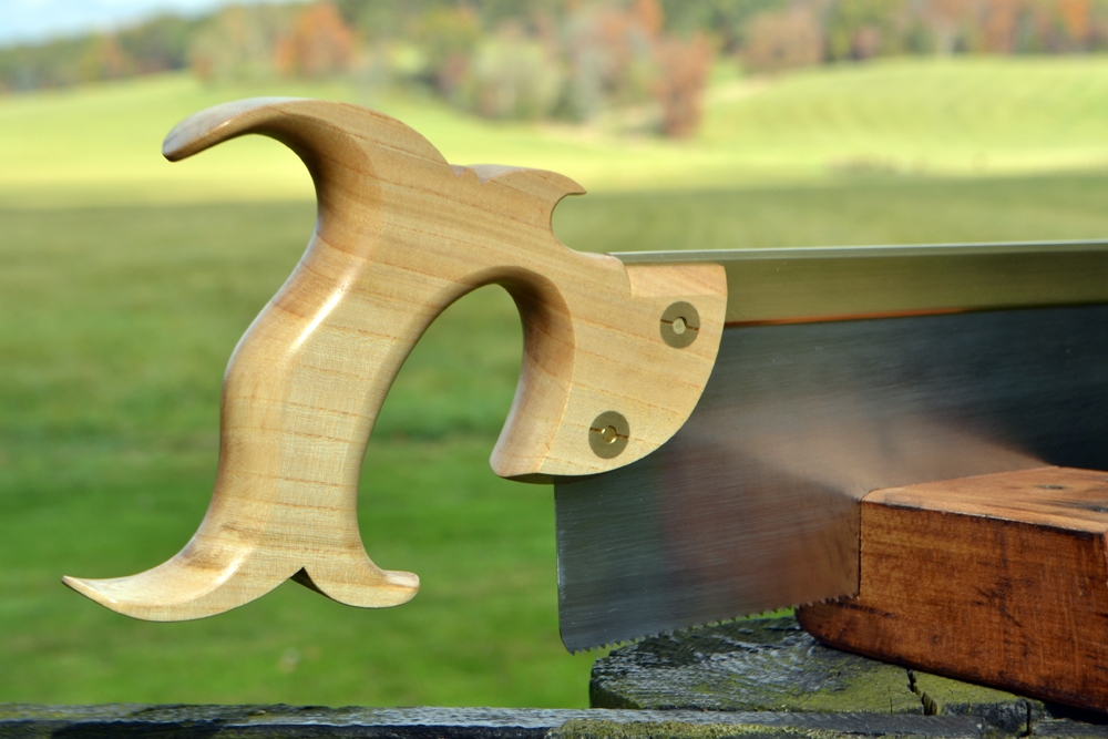 Closeup view of the handle on 12 inch Smith's Key carcase saw in quartersawn elm