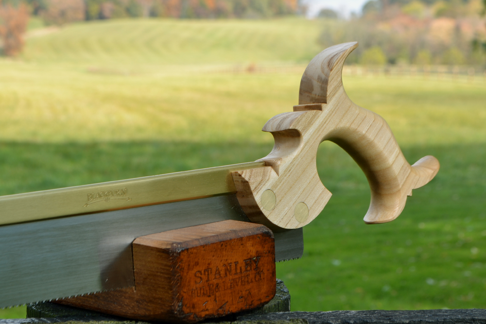 Close-up of 9 inch dovetail saw handle in quartersawn elm
