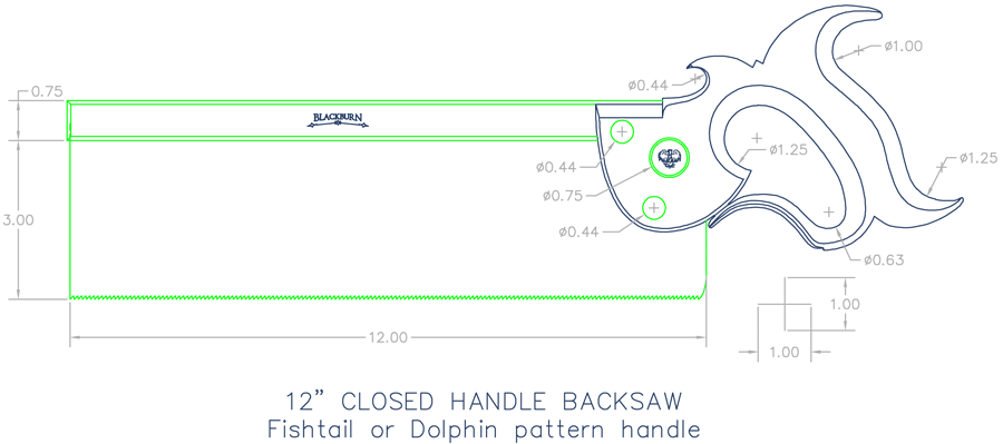 12 inch closed handle backsaw with fishtail or dolphin pattern handle