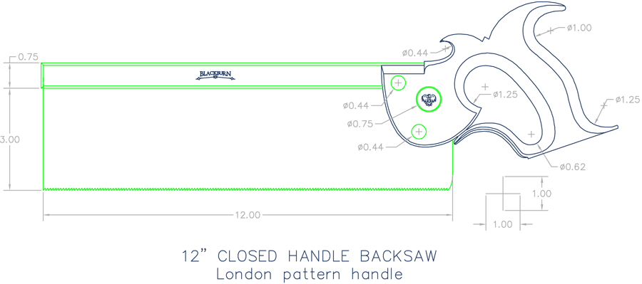 12 inch closed handle backsaw with London pattern handle