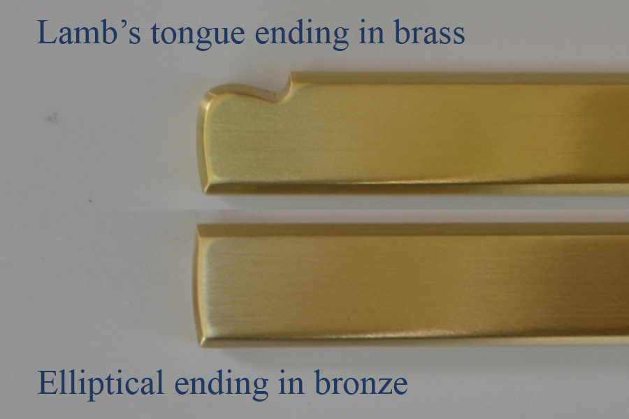 Lamb's tongue detail on brass spine (top) and 
		elliptical detail on bronze spine (bottom)