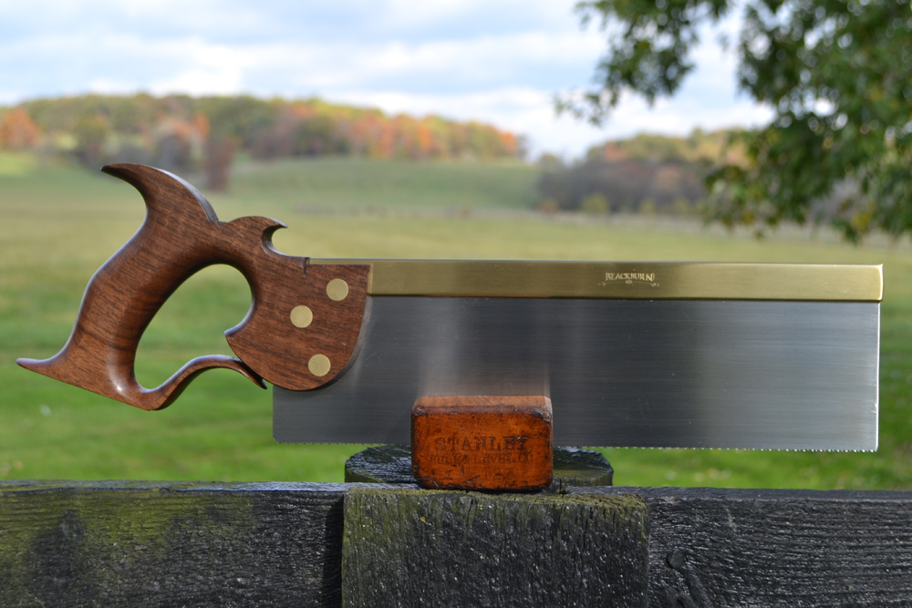 Front view of 12 inch carcase saw in curly walnut
