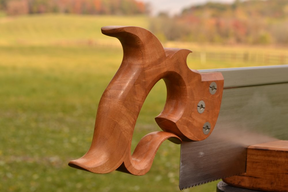 Close up view of 14 inch sash saw handle in cherry crotch