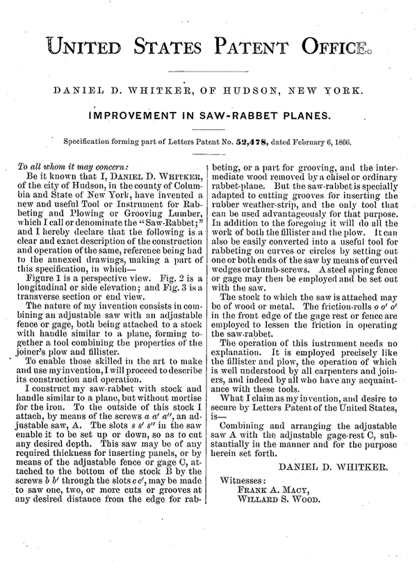 Rebate saw-plane, Whitker patent number 52478 text